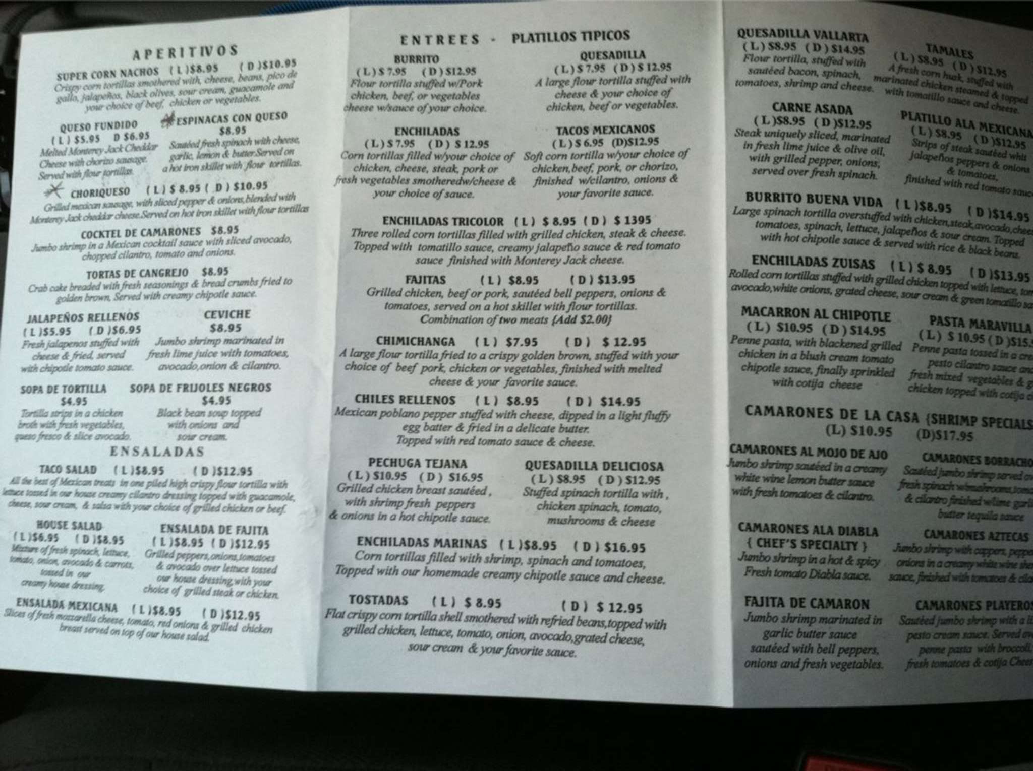 El Tenampa Mexican Restaurant, Brick Menu