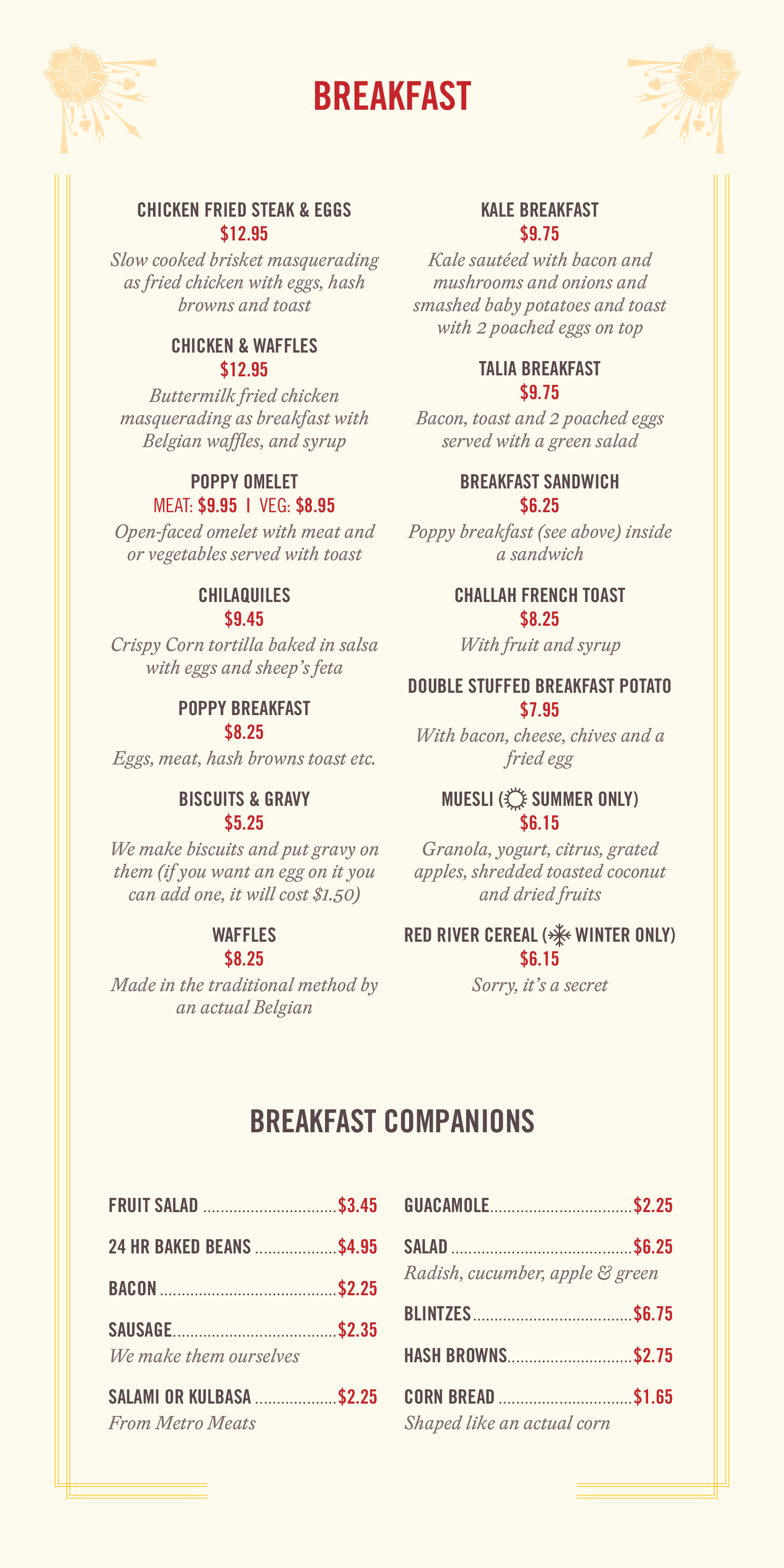 The Tallest Poppy Menu, Menu for The Tallest Poppy, West End, Winnipeg