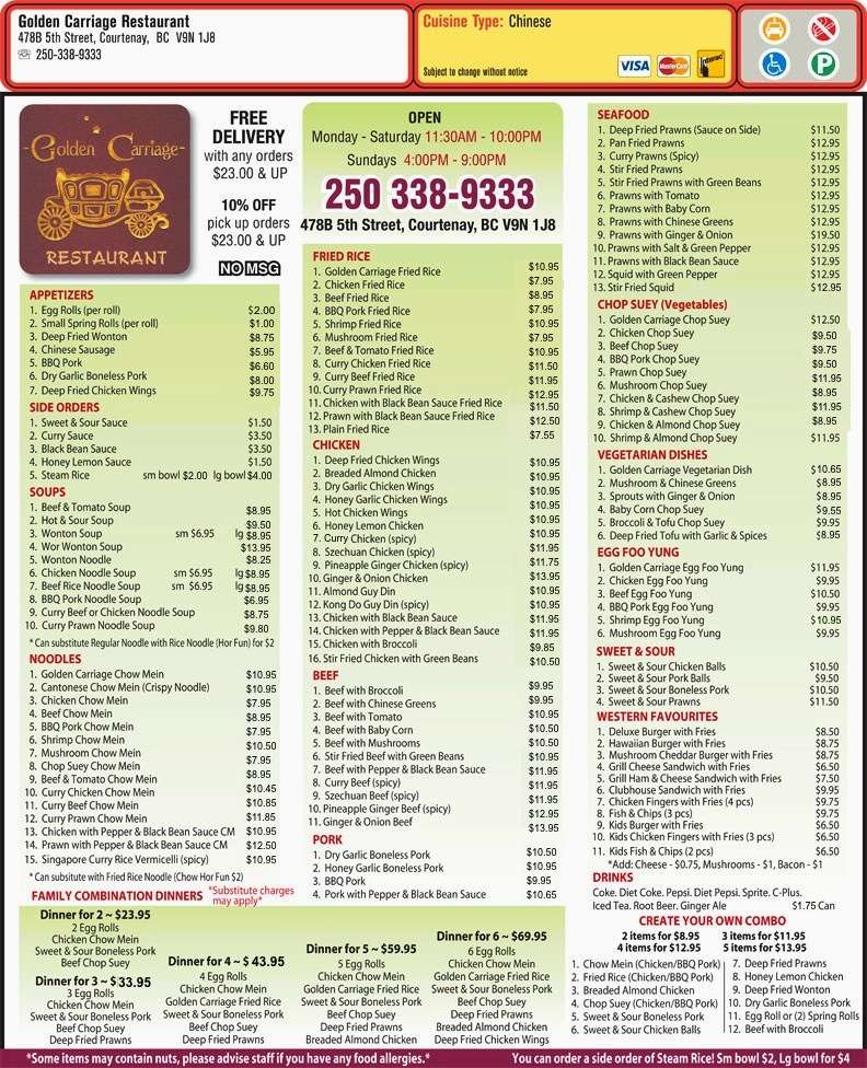 Golden Carriage Restaurant‎ Menu Zomato Canada