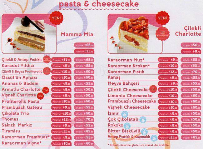 özsüt pasta fiyat listesi
