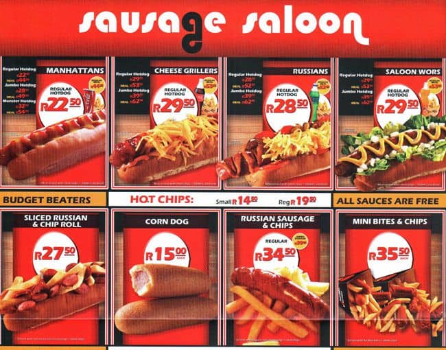 Sausage Saloon Menu, Menu for Sausage Saloon, Stellenbosch, Cape Town