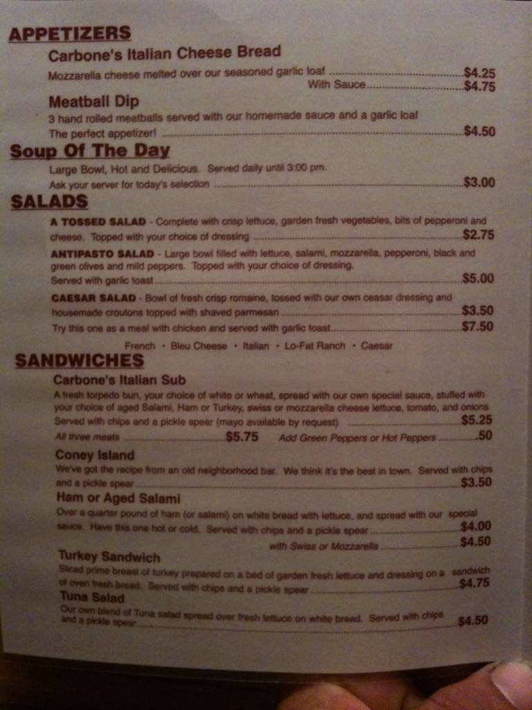 Carbone's Pizza Menu, Menu for Carbone's Pizza, Merriam Park/Highland Park, Twin Cities