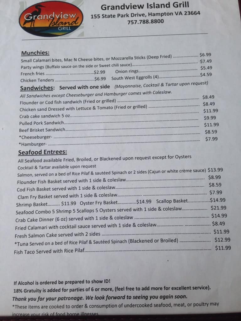 Grandview Island Grill Menu, Menu for Grandview Island Grill, Hampton