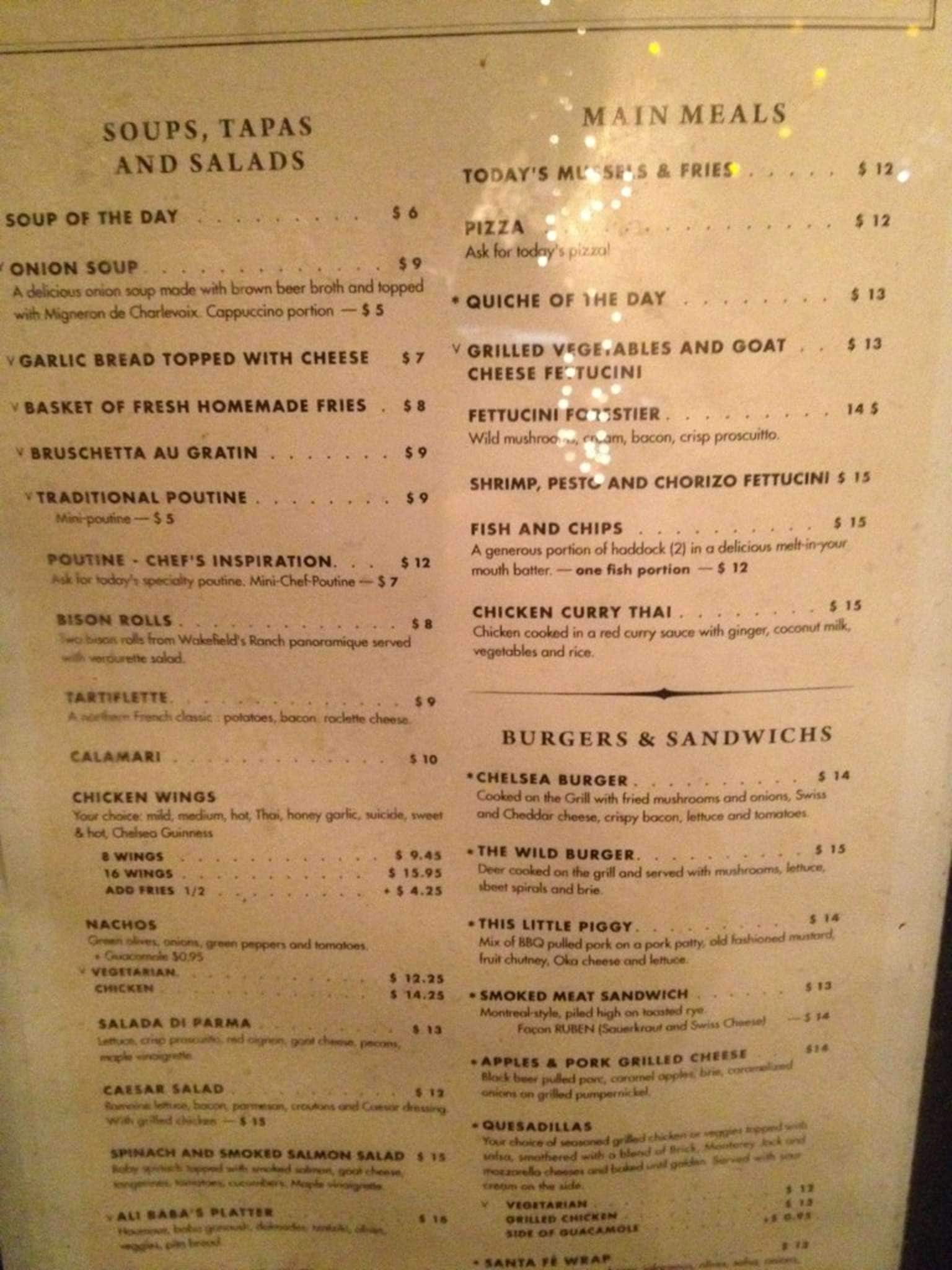 Chelsea Pub, Chelsea Menu