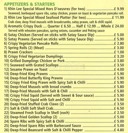Khin Lee Chinese Restaurant Menu Zomato UK