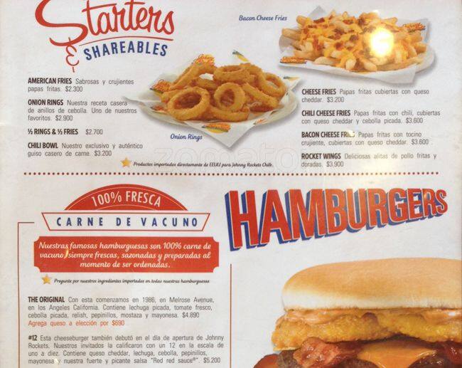 Johnny Rockets Menu,Menú para Johnny Rockets, Providencia, Santiago ...