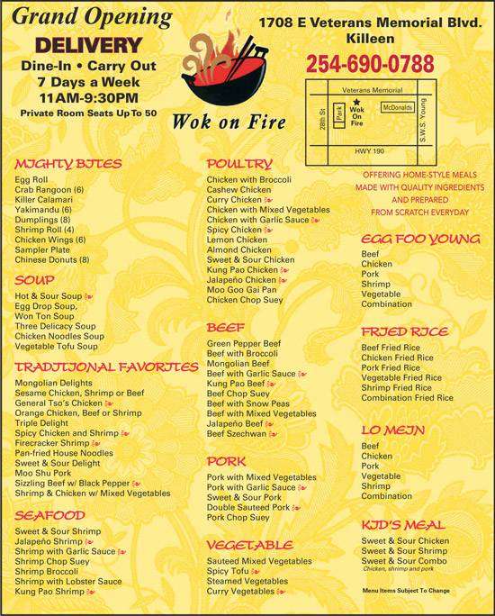 Wok on Fire, Killeen Menu