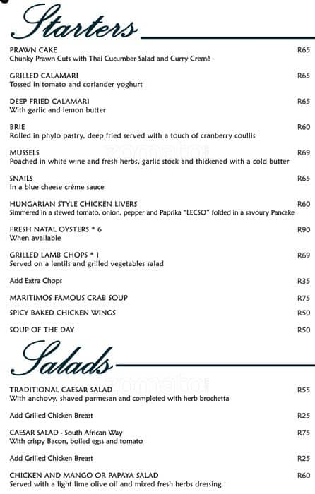 Maritimo's - Cabana Beach Resort Menu - Zomato South Africa