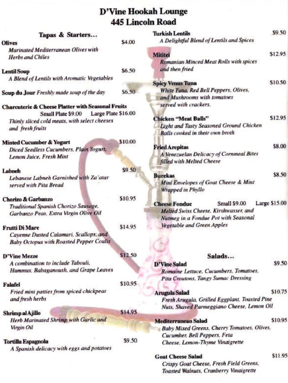 D'Vine Hookah Lounge, South Beach Menu