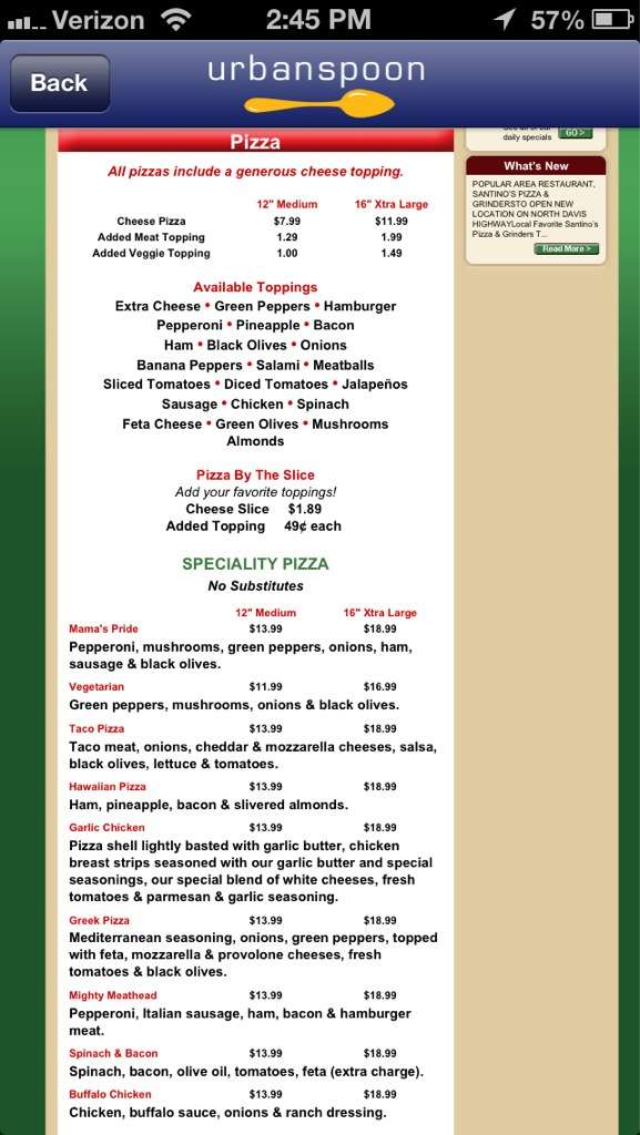Santino's Pizza Menu, Menu for Santino's Pizza, Pace, Pensacola