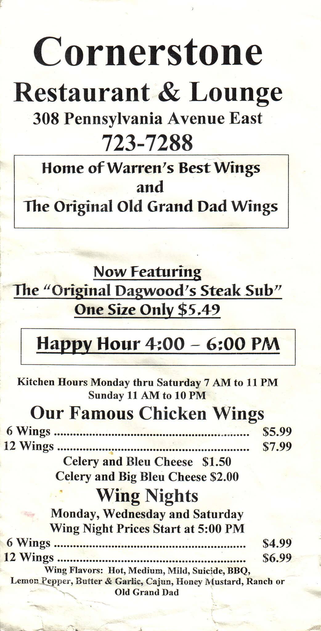 Cornerstone Lounge Menu, Menu for Cornerstone Lounge, Warren, Warren