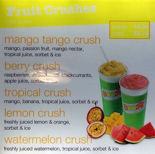 Boost Juice Bars Menu, Menu for Boost Juice Bars, Fitzrovia, London