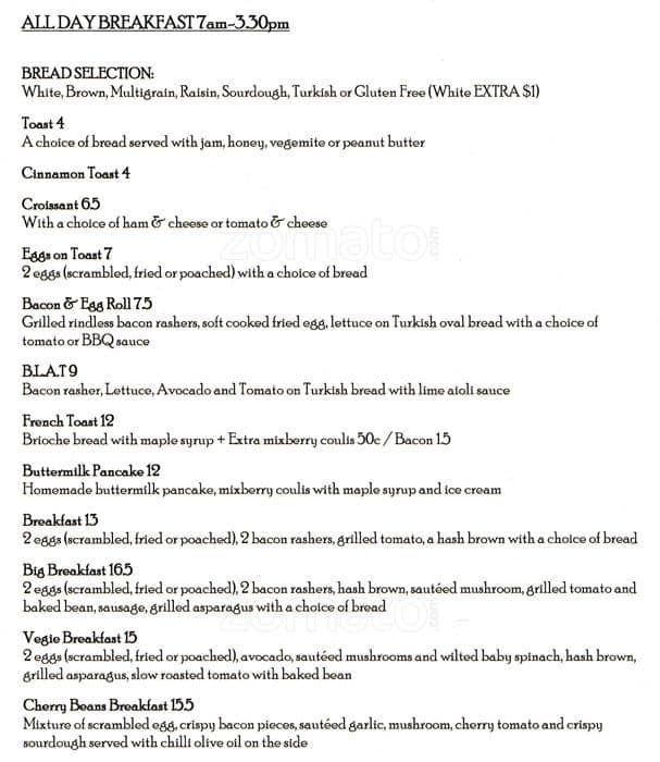 Caffe Cherry Beans Menu, Menu for Caffe Cherry Beans, CBD, Sydney