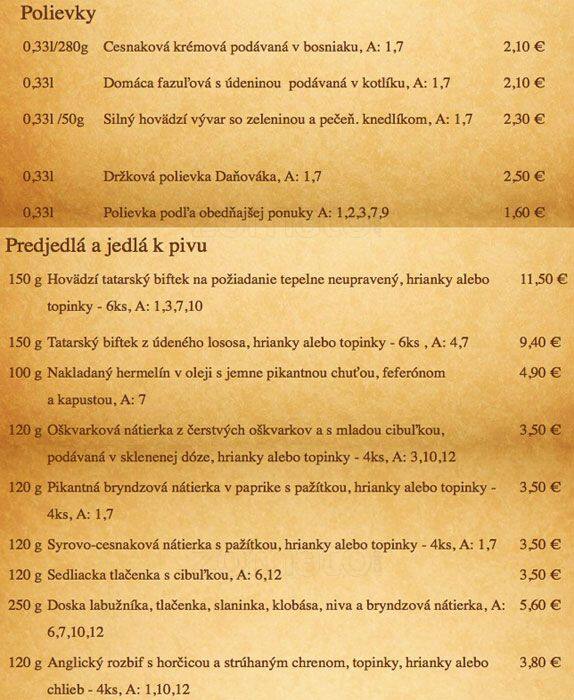 Reštaurácia u Daňováka, Petržalka menu